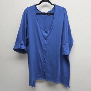 Ellos Shirt Womens 2X Blue Button Front Tunic 3/4 Roll Tab Sleeves Plus Size